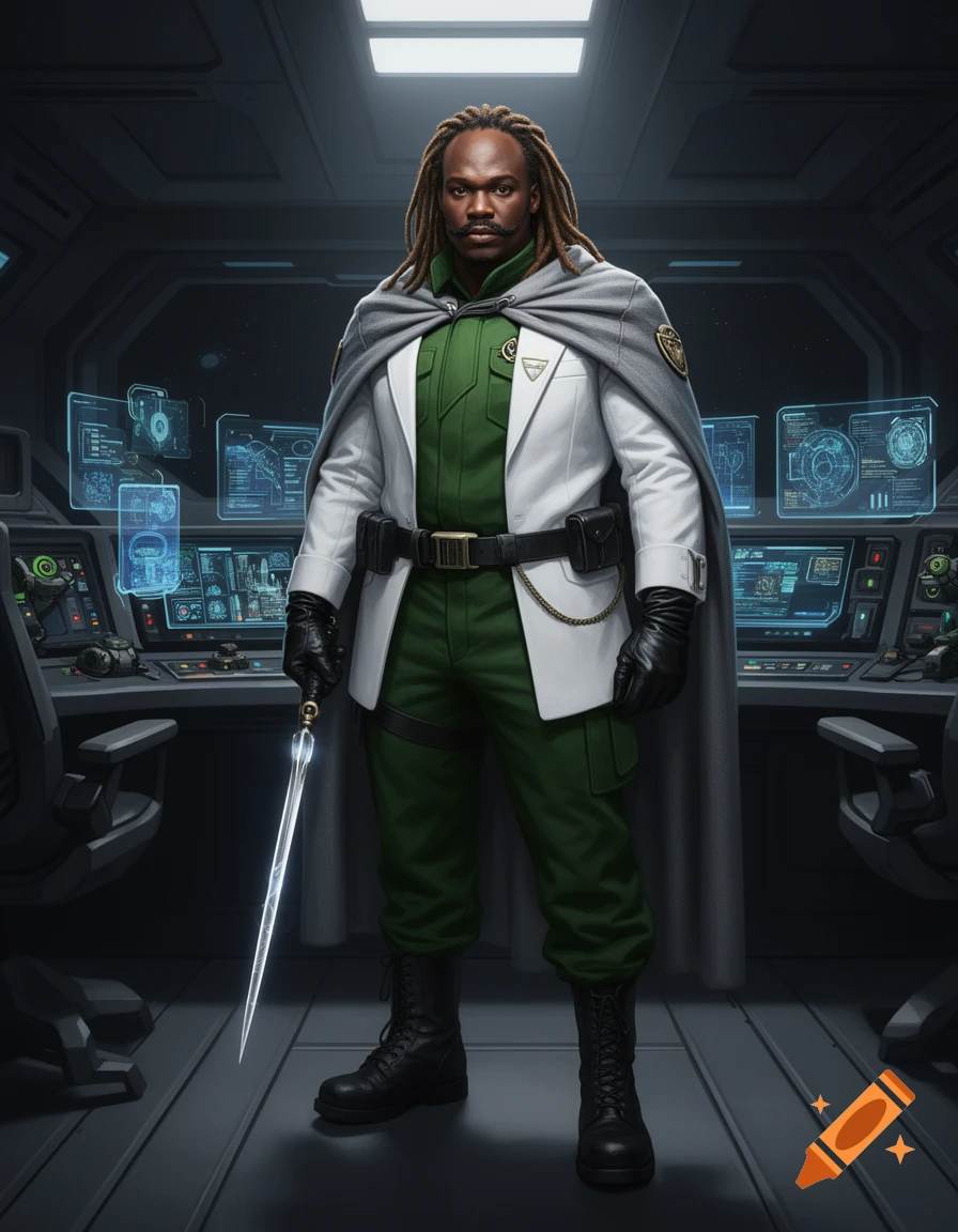 A dark-skinned man with dreadlocks, mustache, green uniform, white jacket, and grey cape holds a glowing sword in a sci-fi control room.