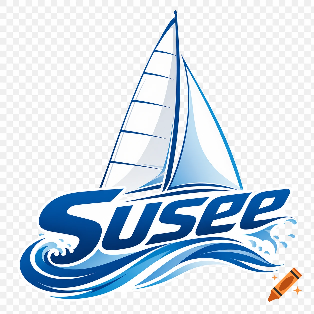 Blue and white logo for 'Susee' with stylized waves and a sailboat's sails above the text.