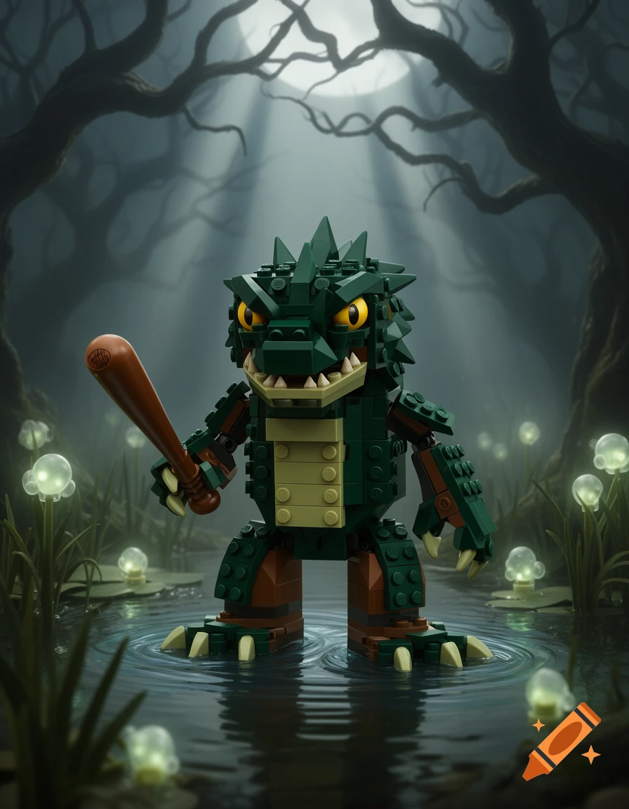 A dark green Lego swamp creature with yellow eyes holds a baseball bat in shallow water with glowing plants under a full moon.