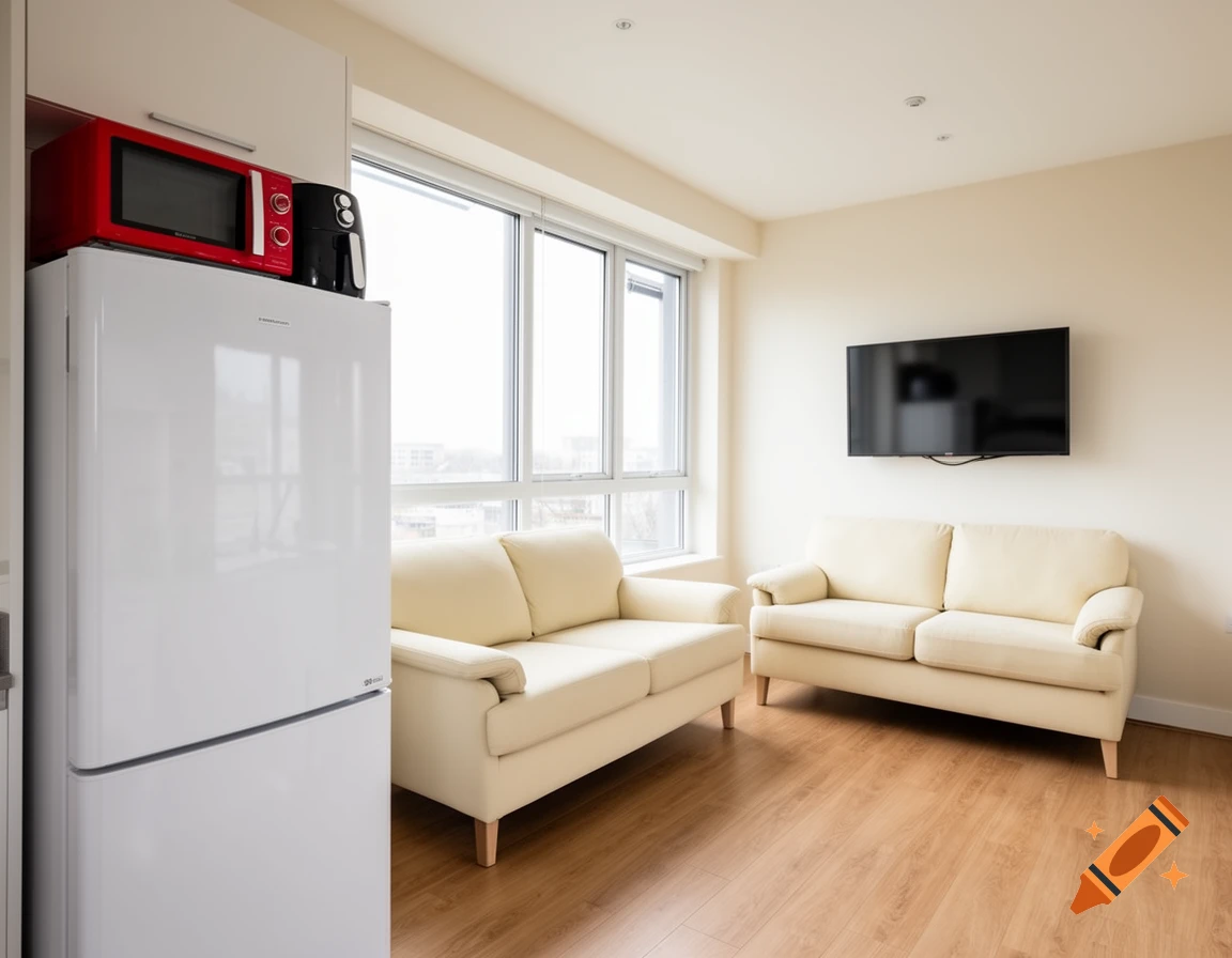 A modern furnished studio apartment featuring a white refrigerator topped with a red microwave and a black air fryer. Two cream sofas face a wall-mounted TV, with a large window in the background.