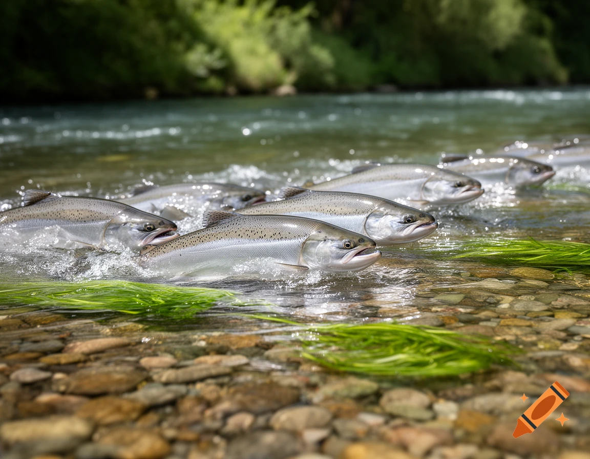 Several salmon swim upstream through a clear, shallow river with a rocky bottom and green aquatic plants, bathed in sunlight.