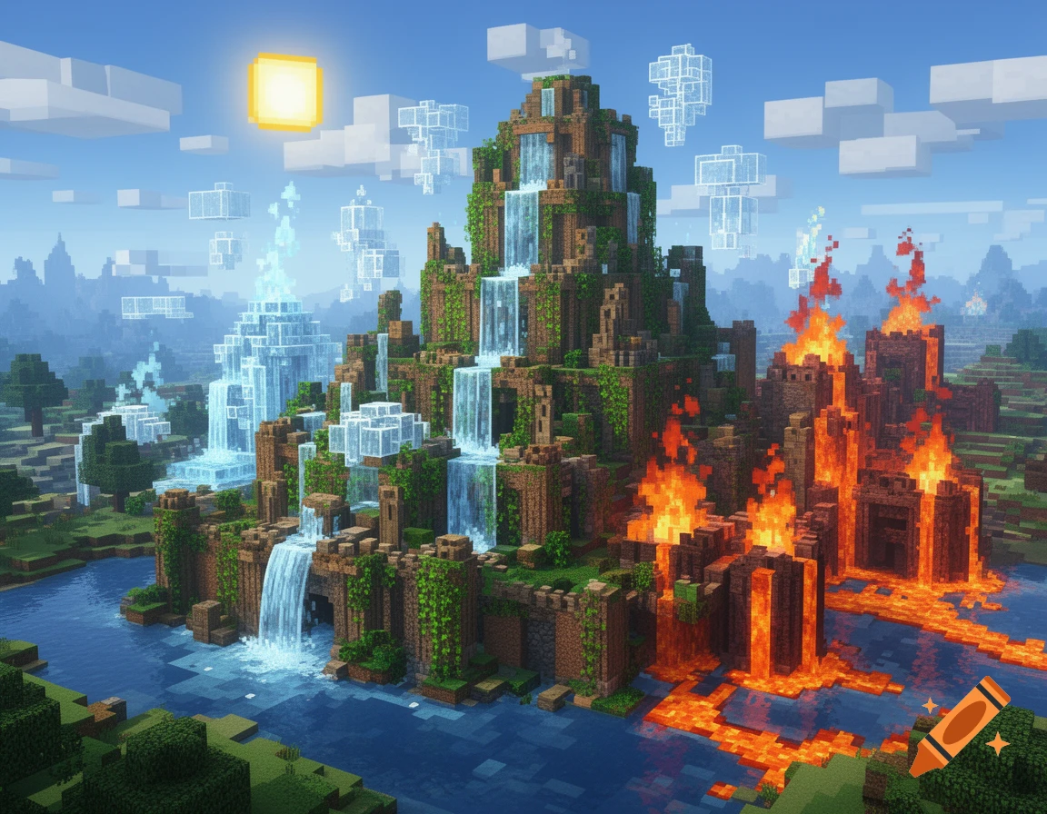 A vibrant, blocky Minecraft-style elemental empire, split between lush green waterfalls and flowing lava on a sunny day.