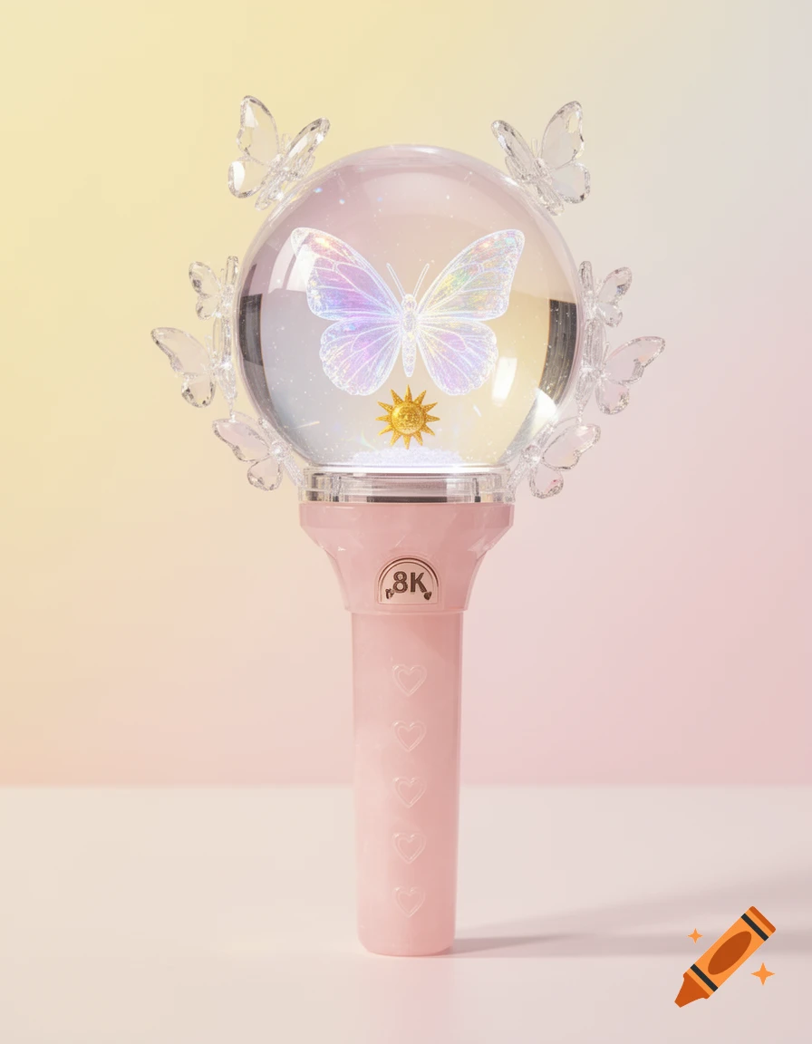 A luxurious pink K-pop lightstick with a transparent crystal globe, holographic butterfly, and golden sun, in product photography.