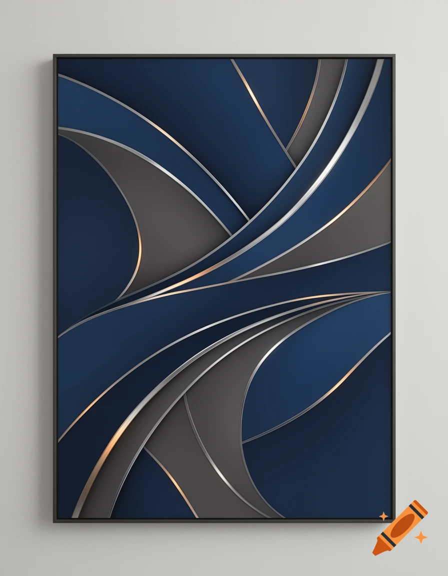 Modern abstract wall art featuring flowing deep blue and charcoal geometric shapes with silver and warm metallic accents.