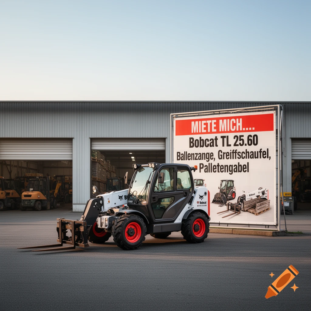 Photorealistic image of a Bobcat TL 25.60 telehandler with red wheels in front of a sign and warehouse.