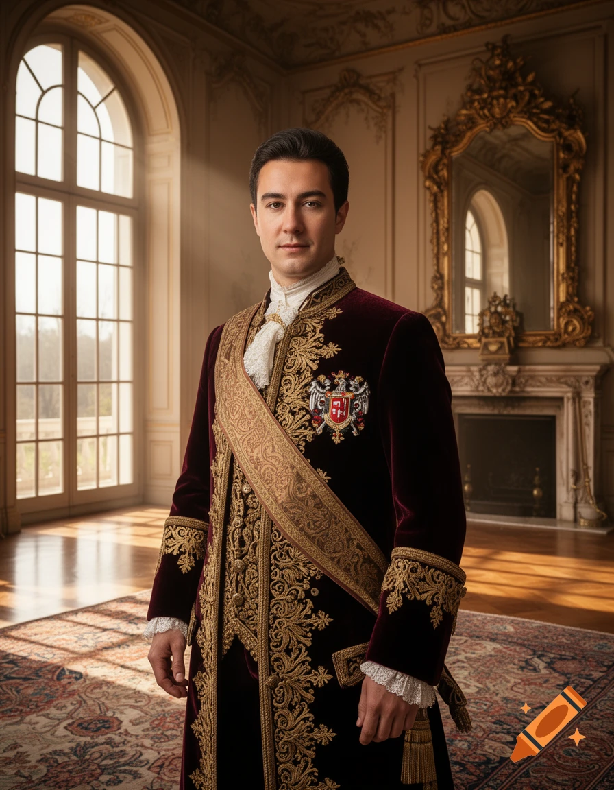 A man in ornate burgundy and gold historical attire stands in a grand, sunlit room with arched windows and a gilded mirror.