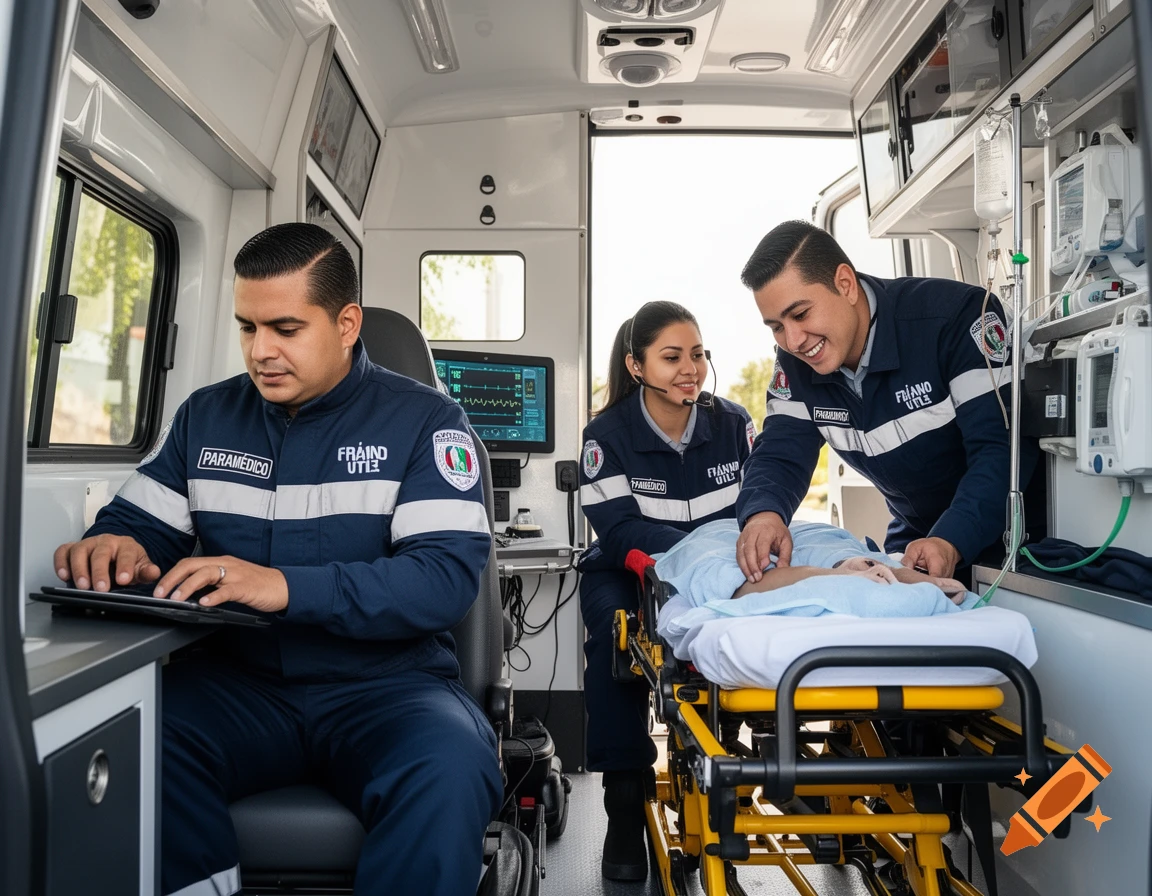 Three paramedics in an ambulance: one working on a tablet, two attending to a patient on a stretcher. Photorealistic.