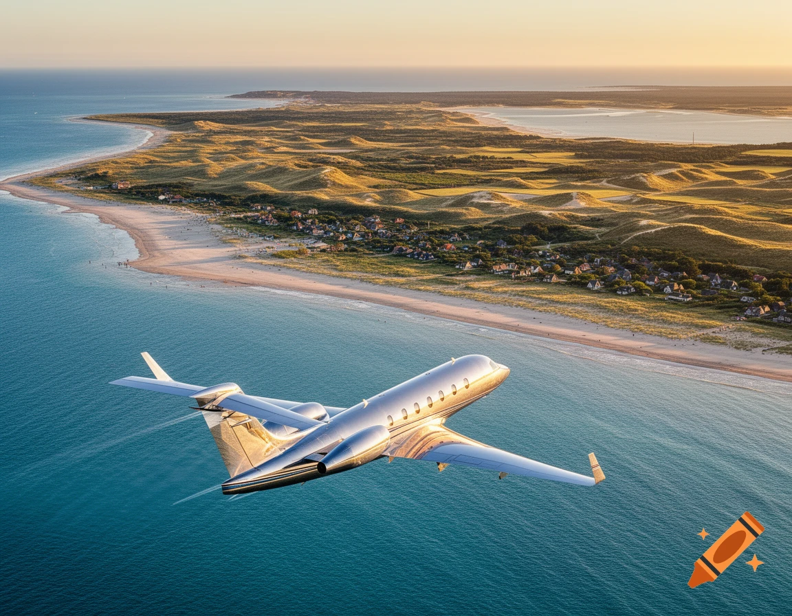 A silver private jet flies low over a turquoise ocean and a sandy coastline with green dunes and houses under a golden sky.