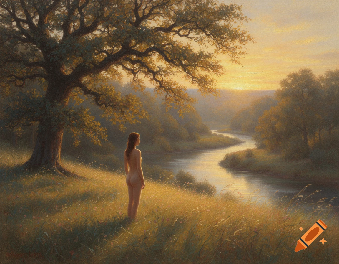 Painterly scene of a nude woman in a golden meadow by a river, gazing at a sunset, with a large oak tree.
