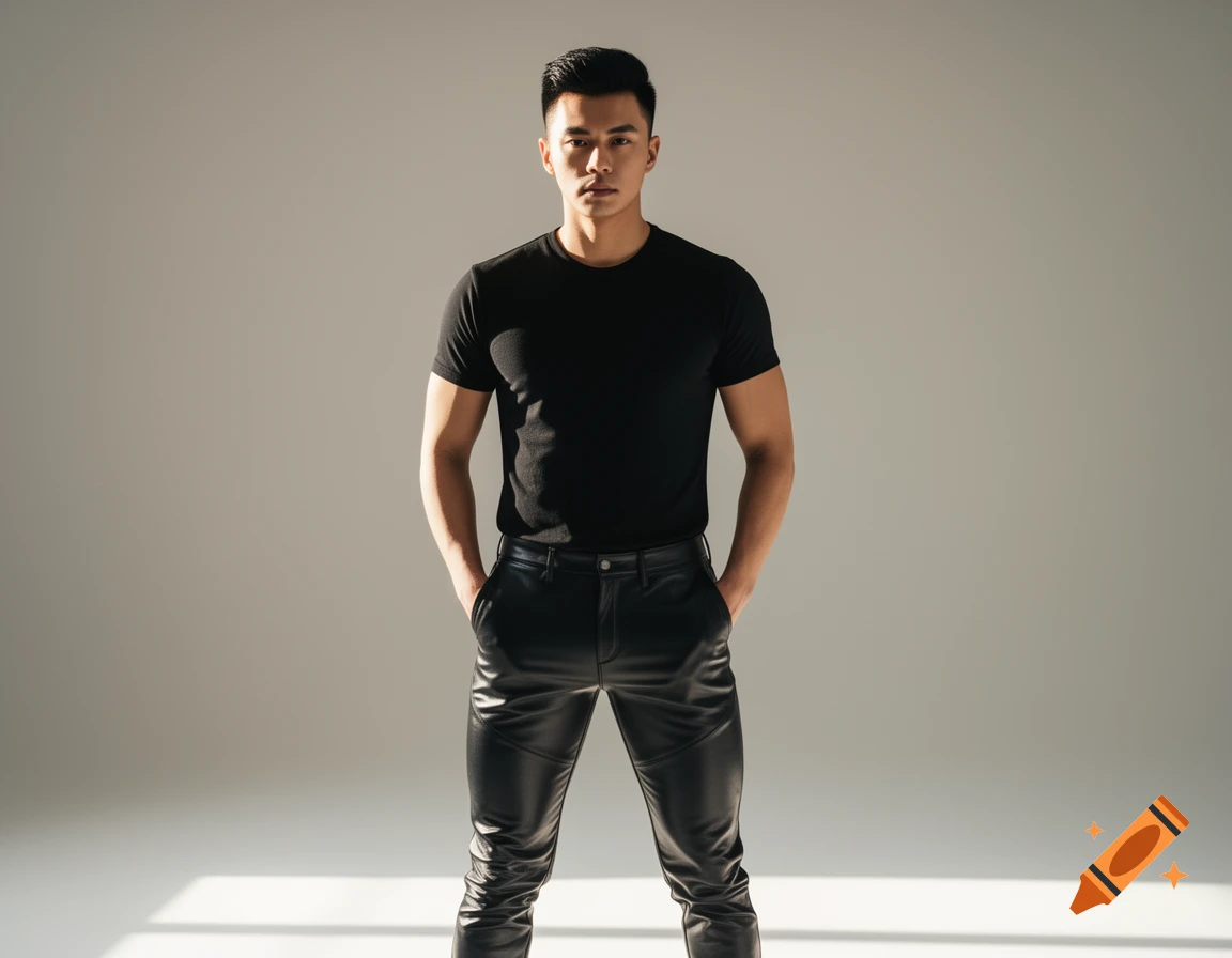 A man stands confidently in a black t-shirt and black leather pants against a gray background with dramatic lighting.