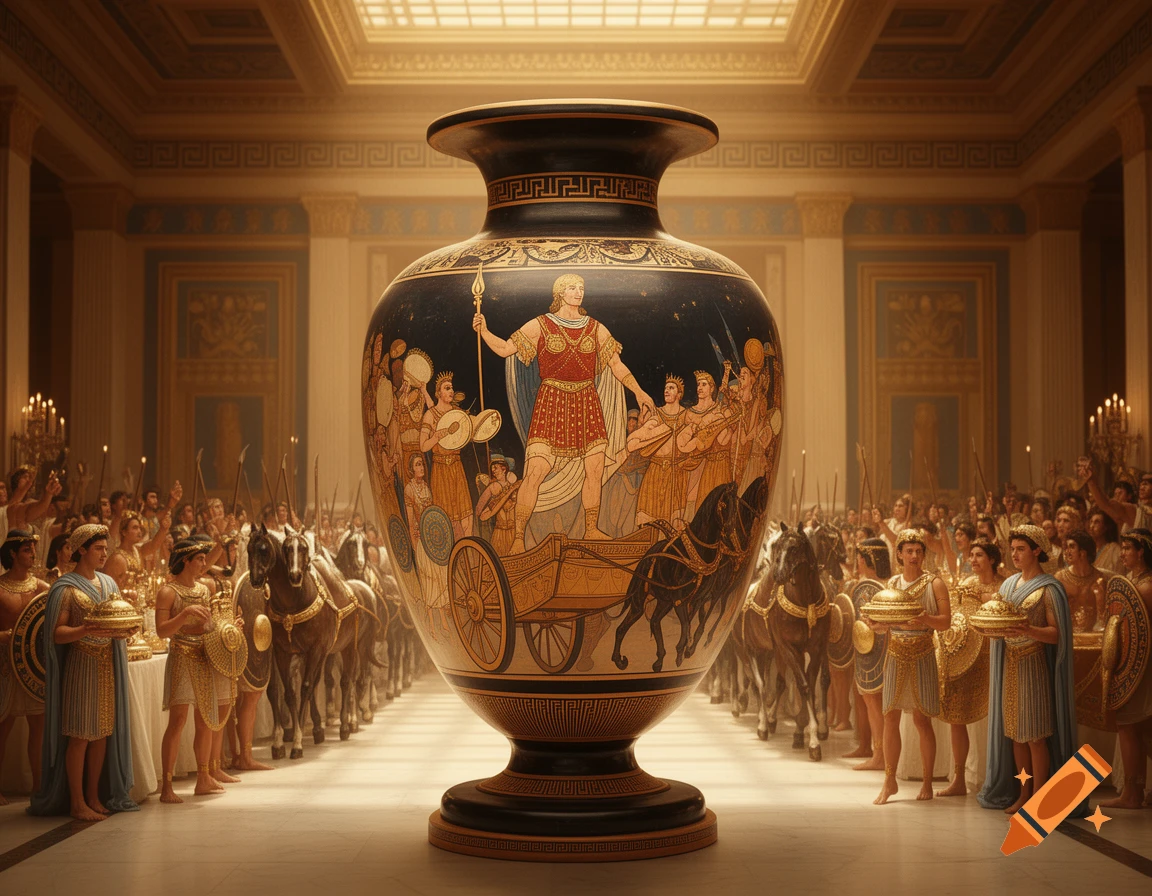 A grand, ornate ancient Greek krater depicting a general in a chariot with soldiers and musicians, displayed in a majestic hall.
