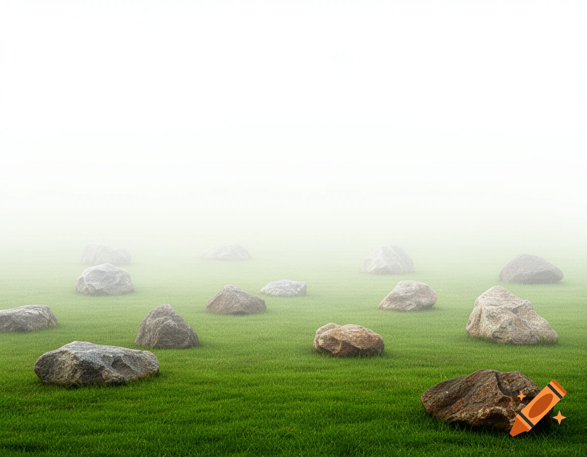 Rocks on a vibrant green grassy field receding into a white, foggy background.