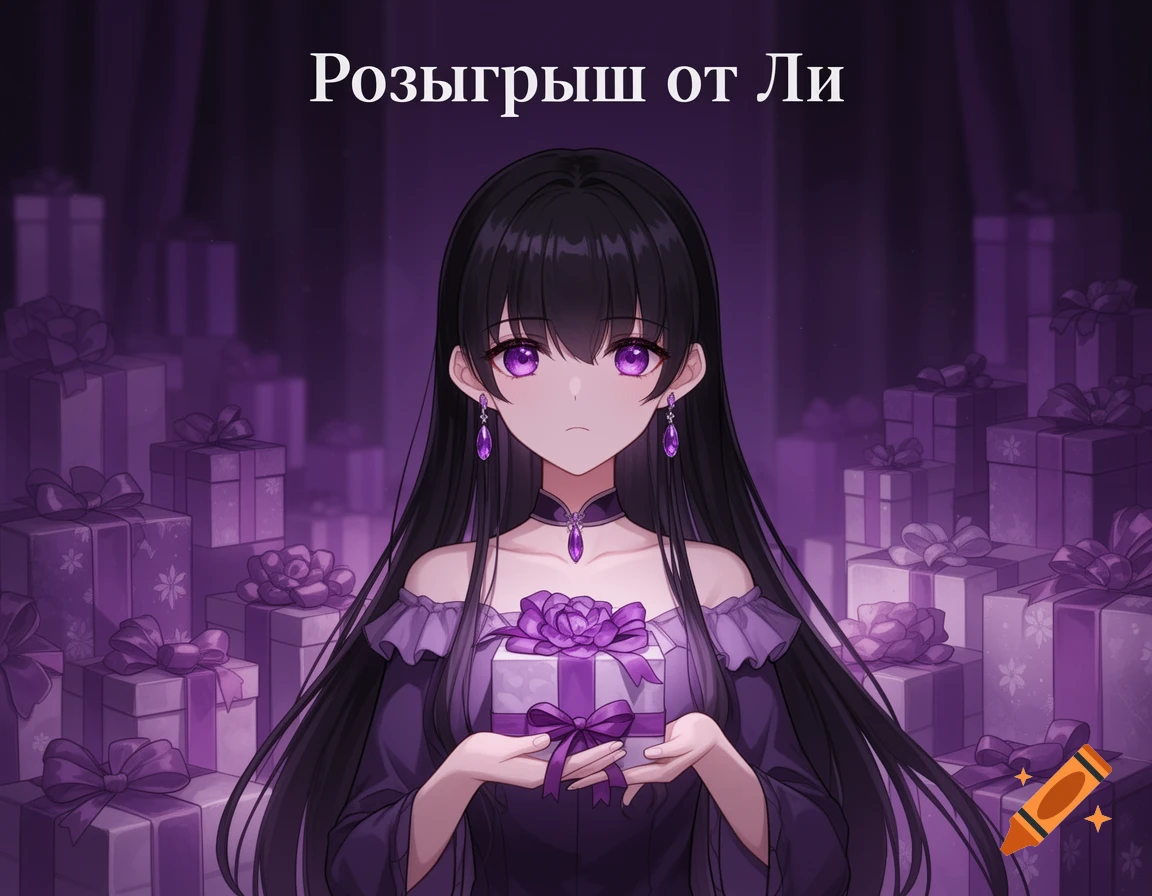 Anime girl with black hair and purple eyes holds a gift among many others in a purple setting, with Russian text 'Giveaway from Li' at the top.