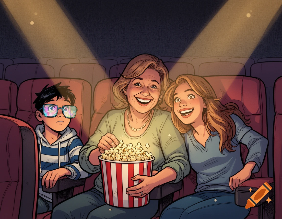 A family of three, a woman, a young woman, and a boy, happily watching a movie and eating popcorn in a dark cinema, in a comic art style.