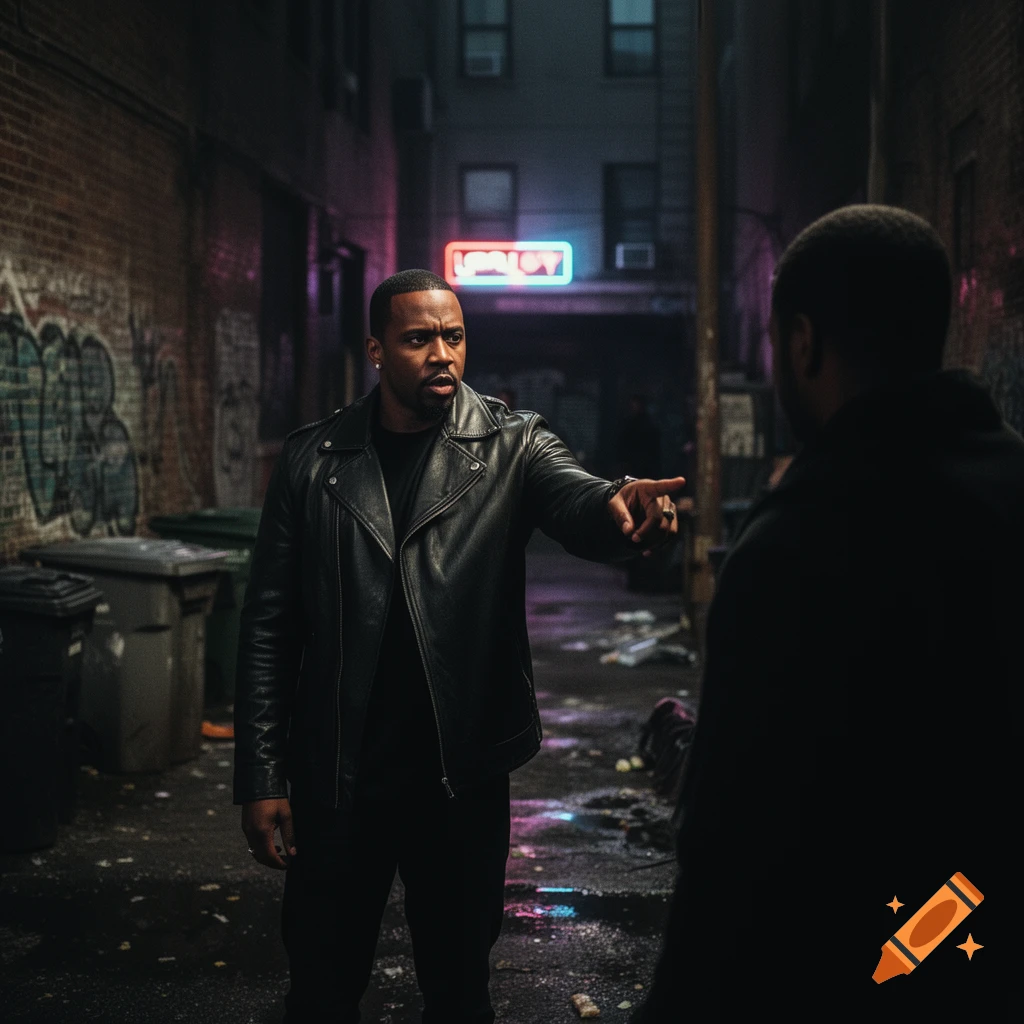 A man in a leather jacket points at another man in a dark, wet city alley at night, with a neon sign in the background.