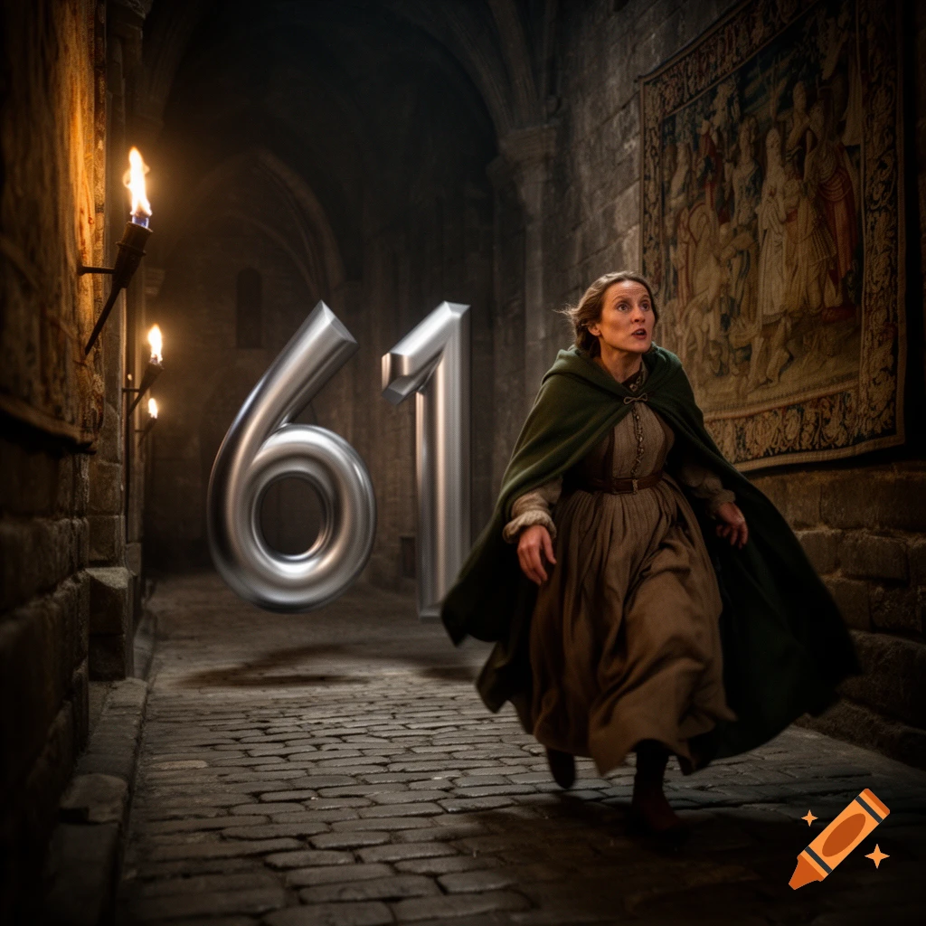 Woman in medieval cloak runs through a torch-lit stone corridor, large metallic numbers '61' floating nearby.