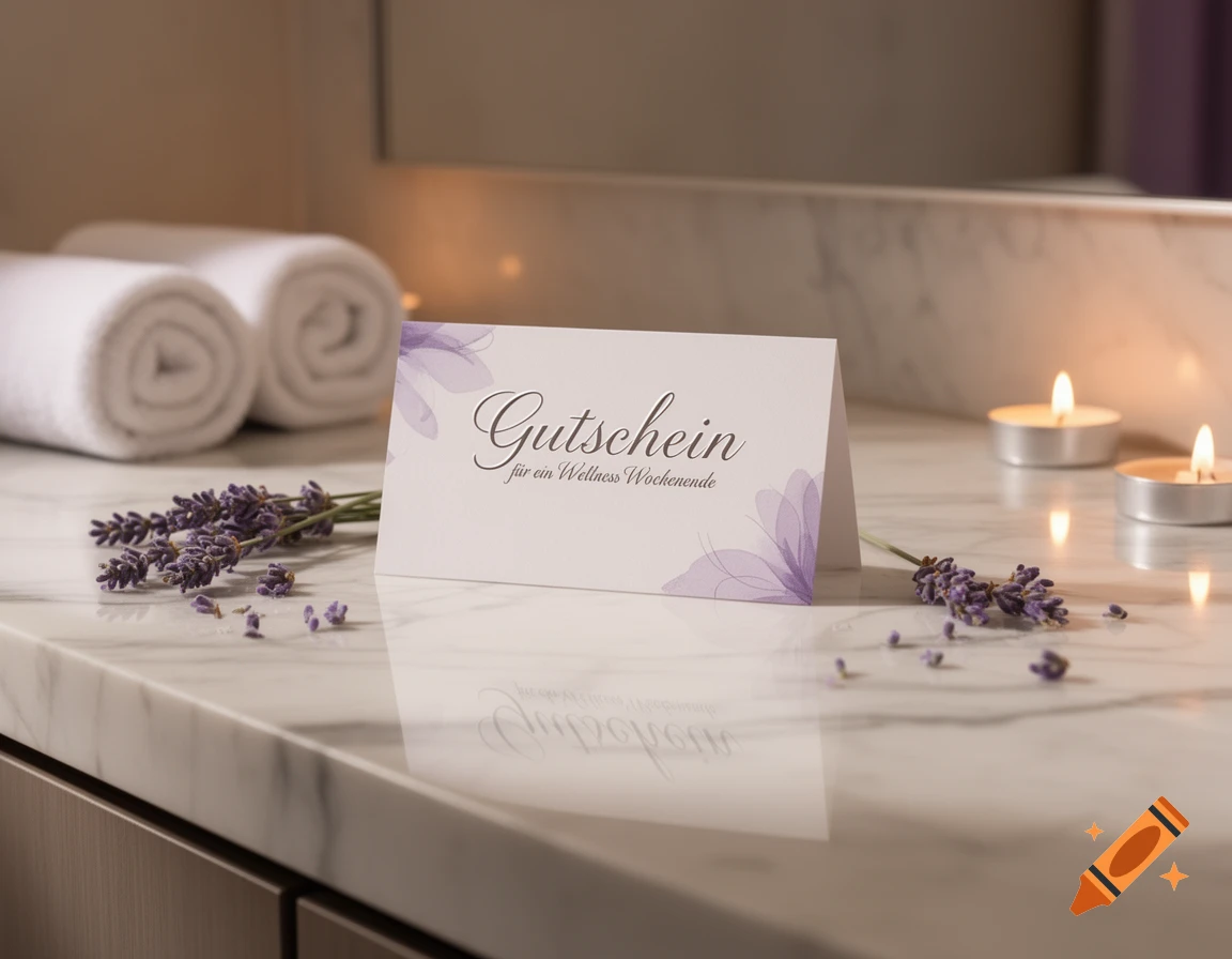 A white gift voucher with "Gutschein f r ein Wellness Wochenende" on a marble counter, surrounded by lavender sprigs, rolled white towels, and lit tea candles.