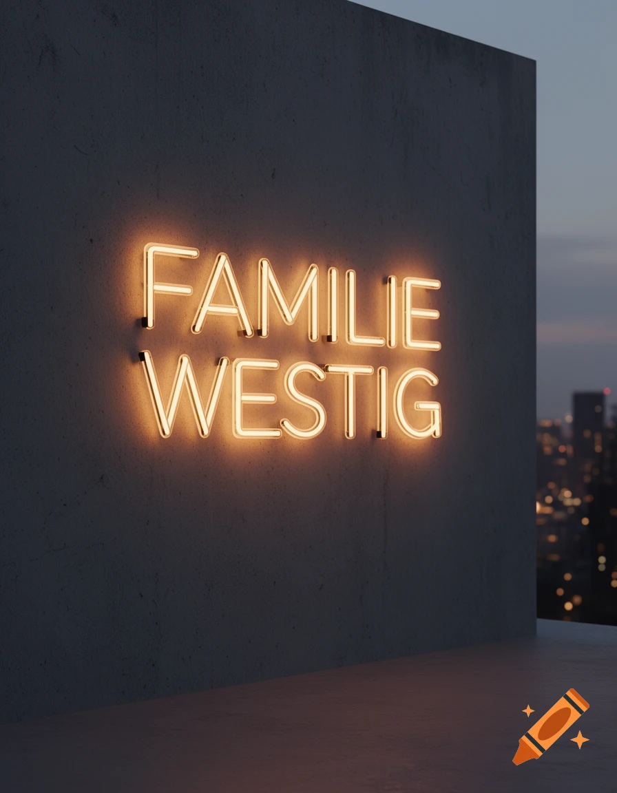 A glowing orange neon sign reads 'FAMILIE WESTIG' on a textured concrete wall at dusk, with a blurred city skyline behind it.