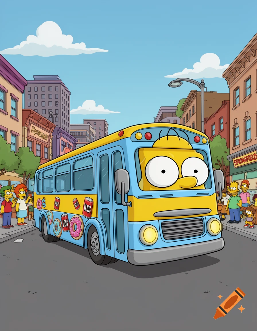 A Homer Simpson-themed bus, yellow and blue with donuts and Duff cans, drives down a street in a cartoon city with Simpsons characters.
