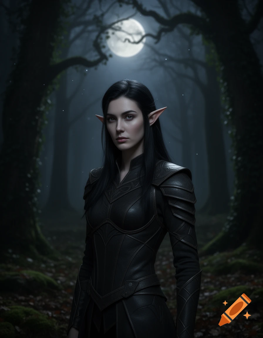 A photorealistic image of a dark-haired female elf in black leather armor standing in a misty, moonlit forest.