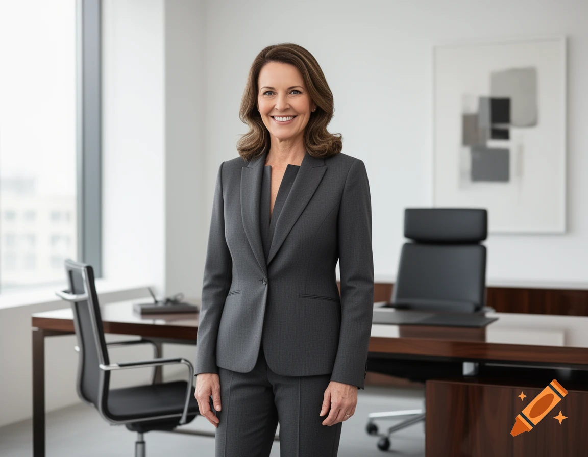A smiling woman in a gray business suit stands in a modern office with a desk and chairs.