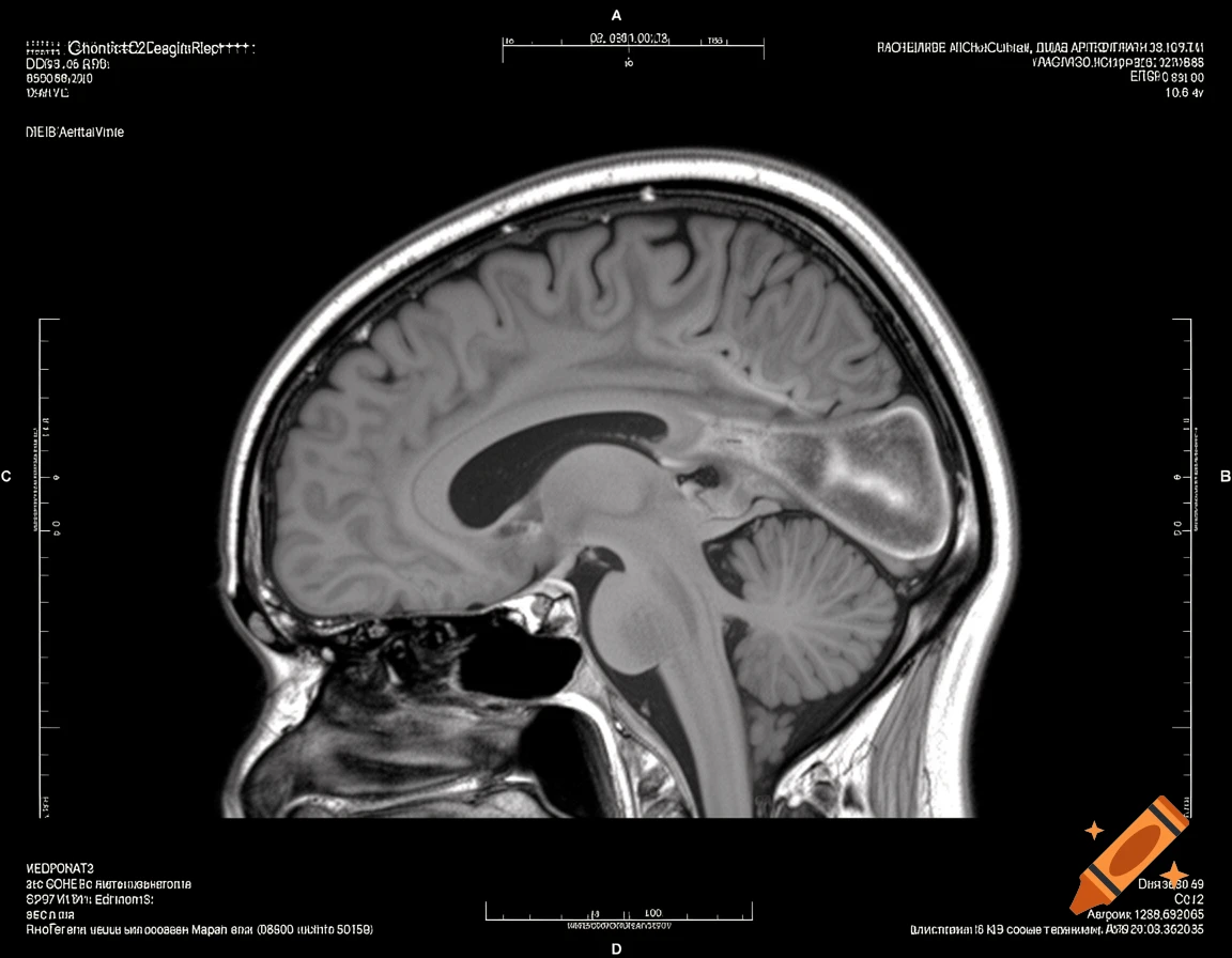 A sagittal view MRI or CT scan of a human head, showing the brain, brainstem, and cerebellum against a black background with surrounding garbled text and markings.