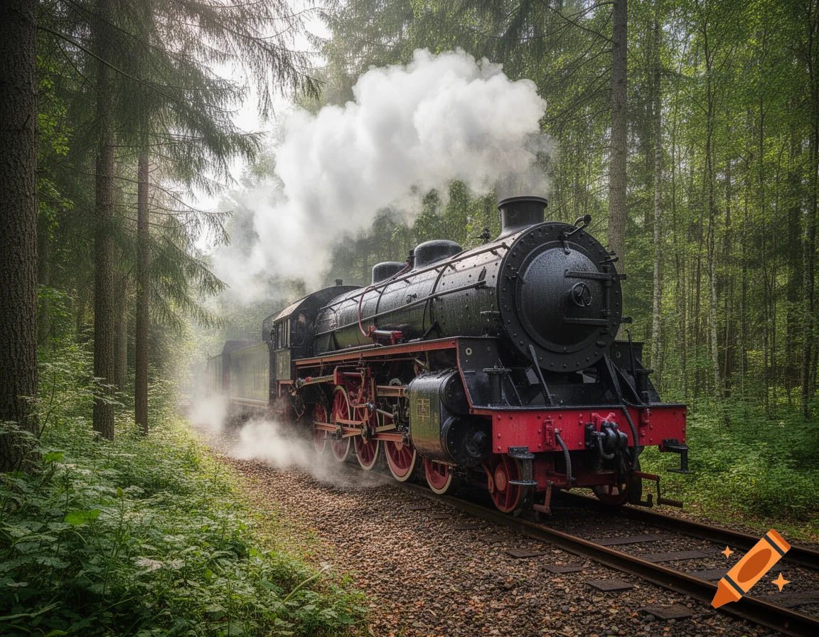 A photorealistic image of a black steam locomotive with red details, billowing smoke as it travels through a dense green forest.