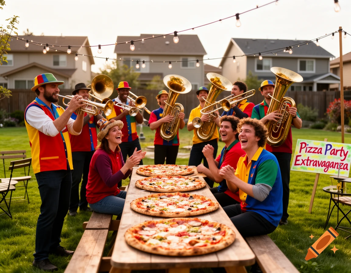 A vibrant brass band performs at a lively outdoor pizza party, with happy guests laughing and enjoying pizzas.