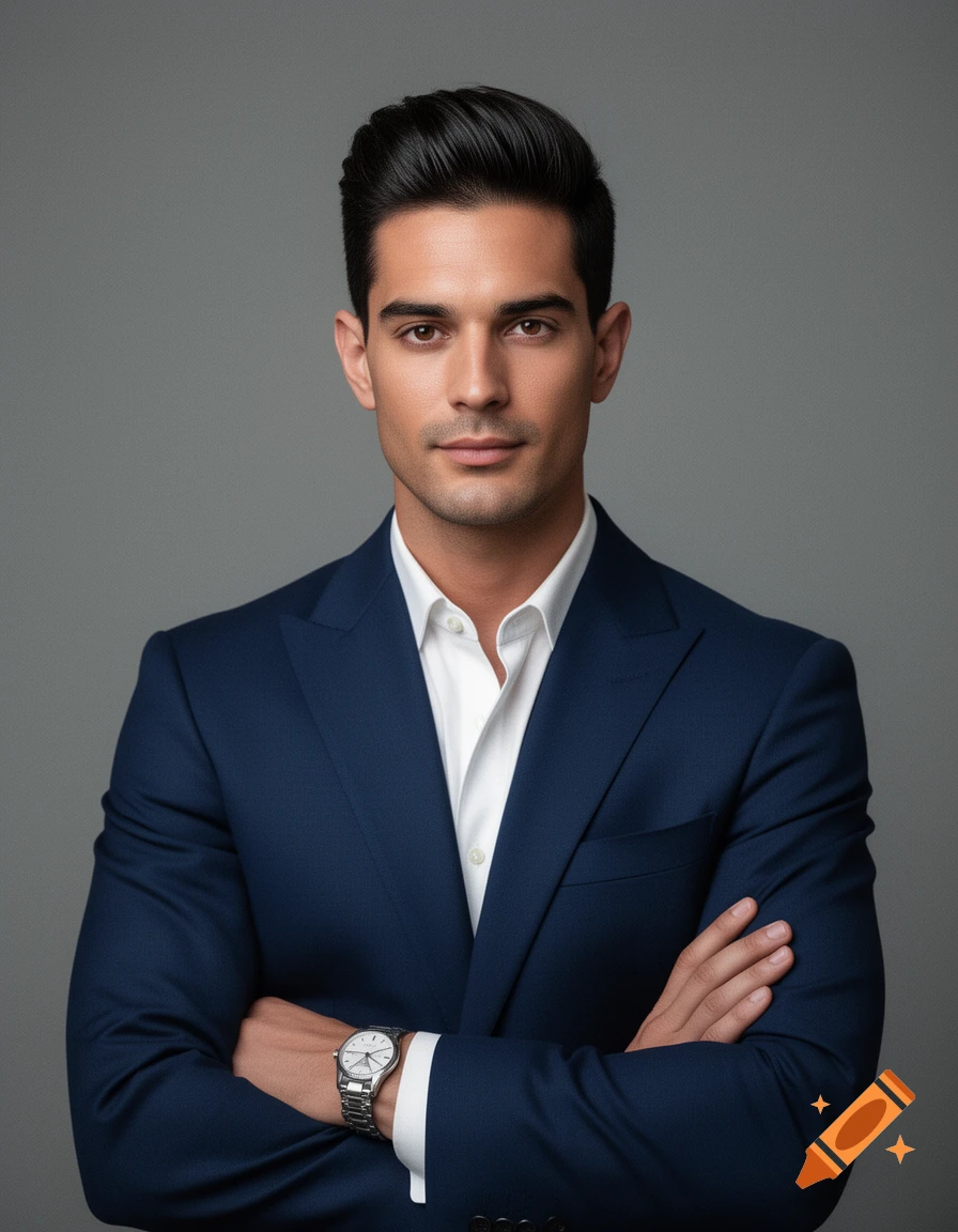 Photorealistic portrait of a man in a dark blue suit and white shirt, arms crossed, on a gray background.