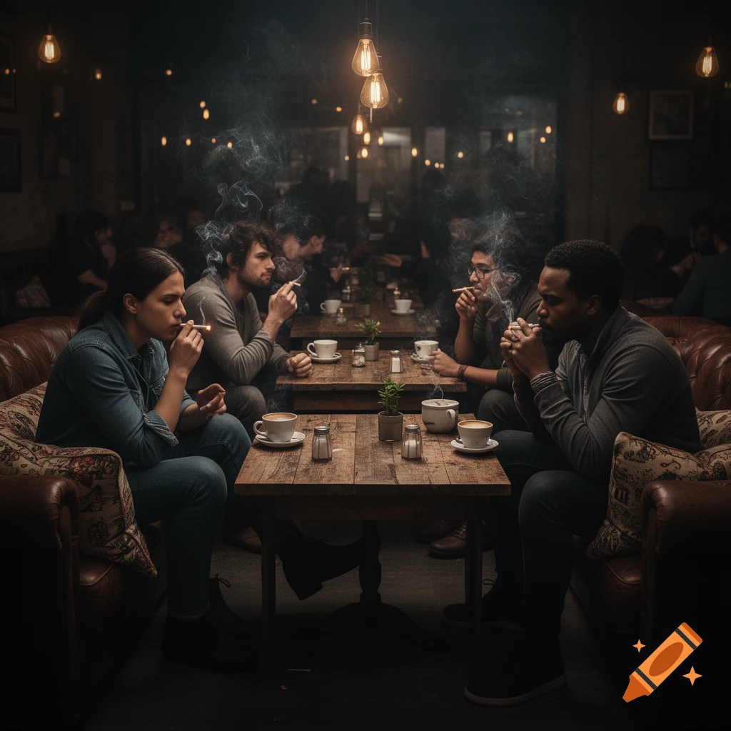 People smoking cigarettes and drinking coffee in a dimly lit cafe, photorealistic style.