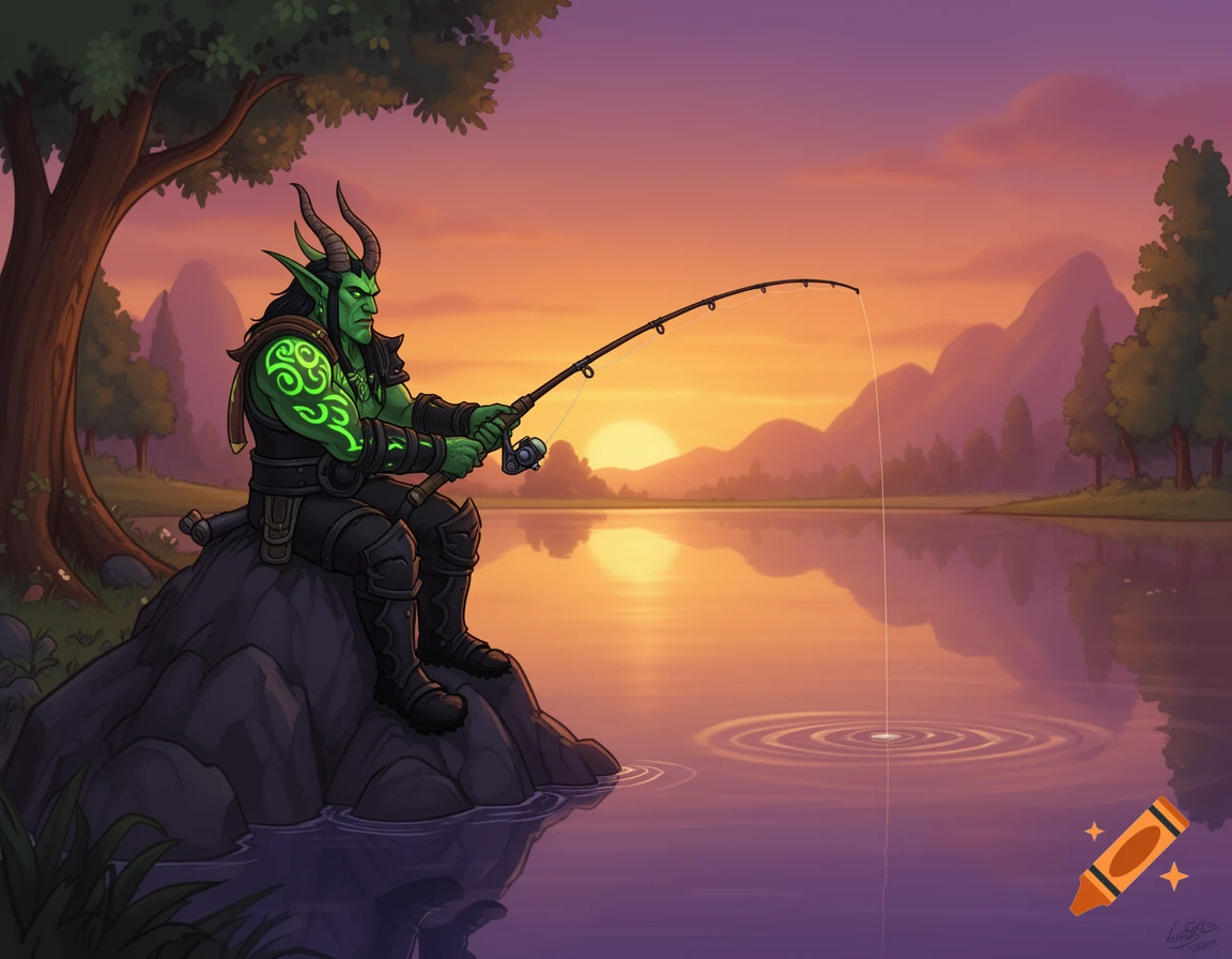 A green-skinned, horned fantasy character fishes in a tranquil lake at sunset, mountains in background, in a cartoon style.