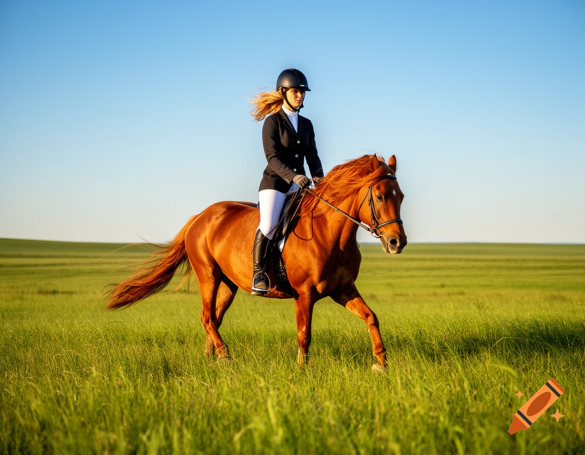 A woman in equestrian attire rides a brown horse across a lush green field under a clear blue sky.