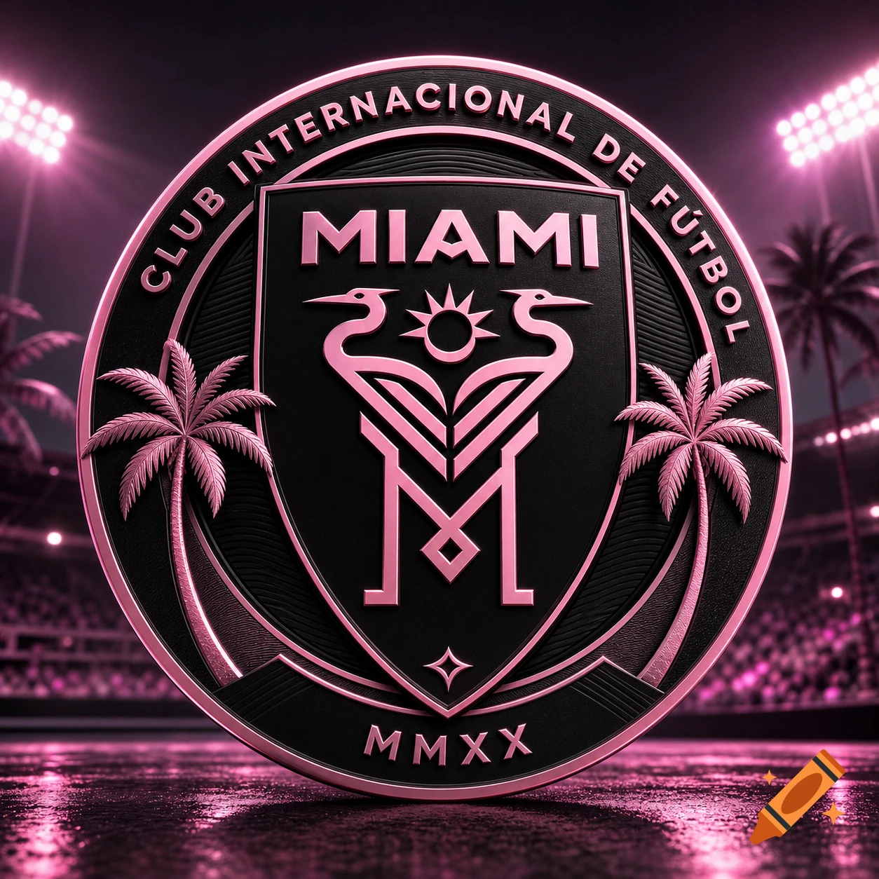 3D Inter Miami-style football club crest in pink and black, with palm trees and metallic finish, on a stadium field with pink lights.