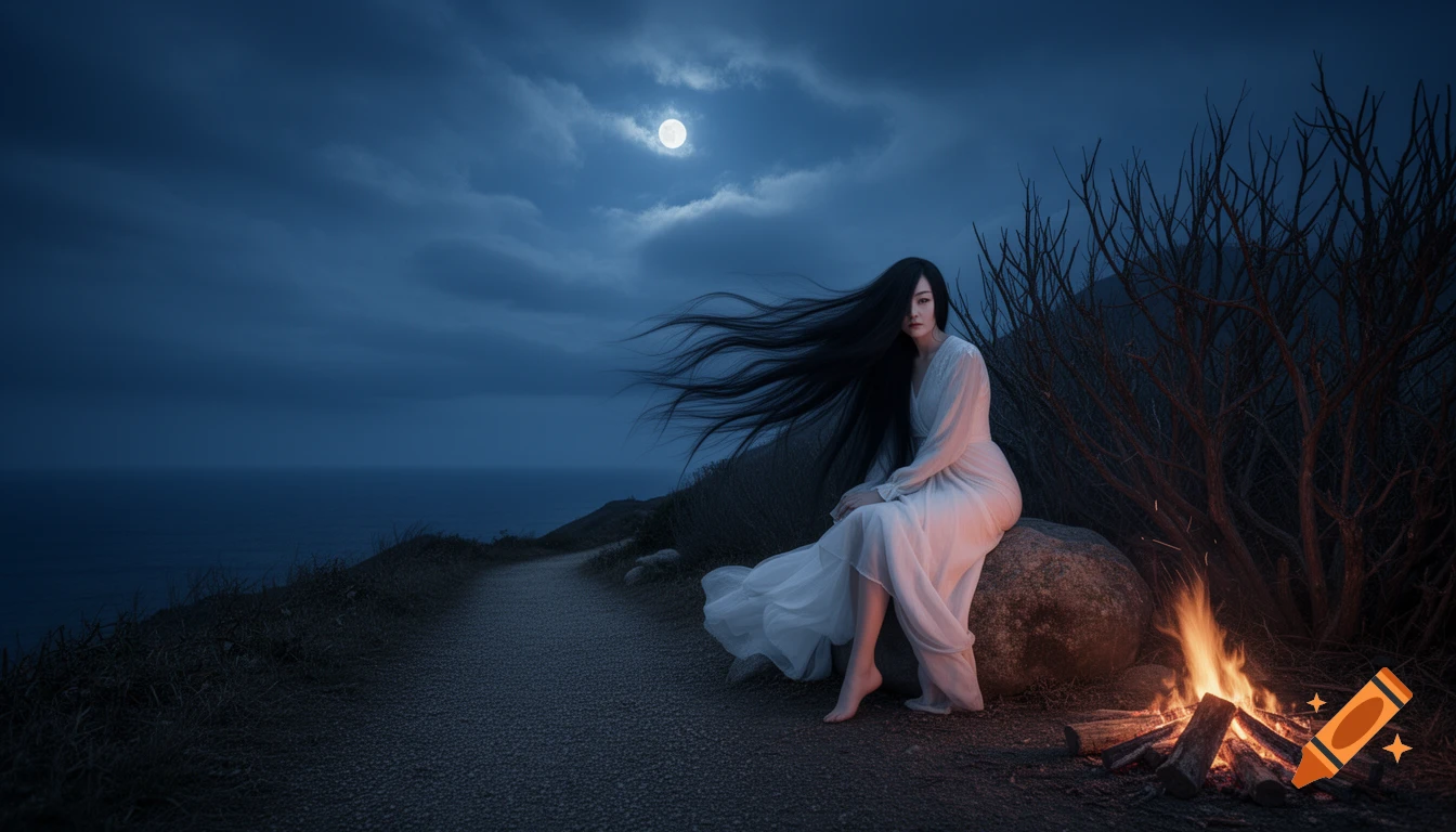 A long-haired ghost woman in a white dress sits by a campfire on a moonlit coastal mountain trail.