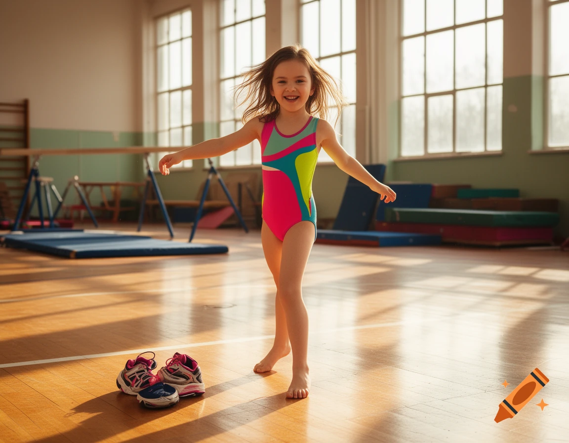 A smiling young girl in a colorful leotard stands barefoot in a brightly lit gymnasium, with sports shoes on the wooden floor.