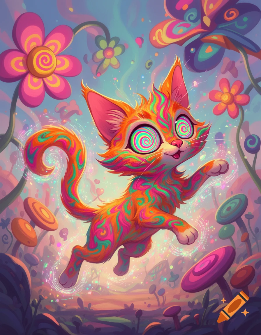 A vibrant cartoon cat with psychedelic patterns and swirling eyes leaps in a colorful, dreamy fantasy landscape with flowers and mushrooms.
