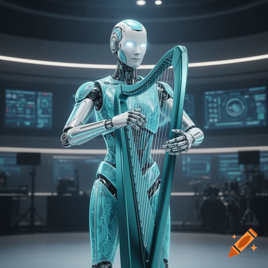 A cyan robot with glowing white eyes plays a harp in a futuristic lab, depicted in a photorealistic style.