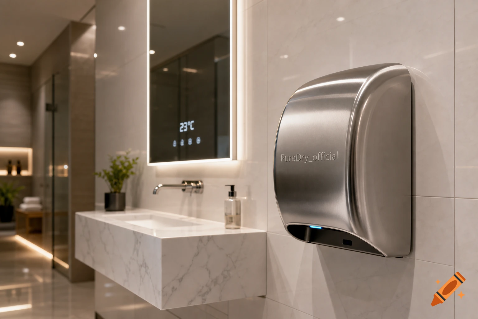 A modern, minimalist bathroom with a sleek stainless steel hand dryer on the right, a marble sink counter, and a lit mirror showing 23°C and icons.