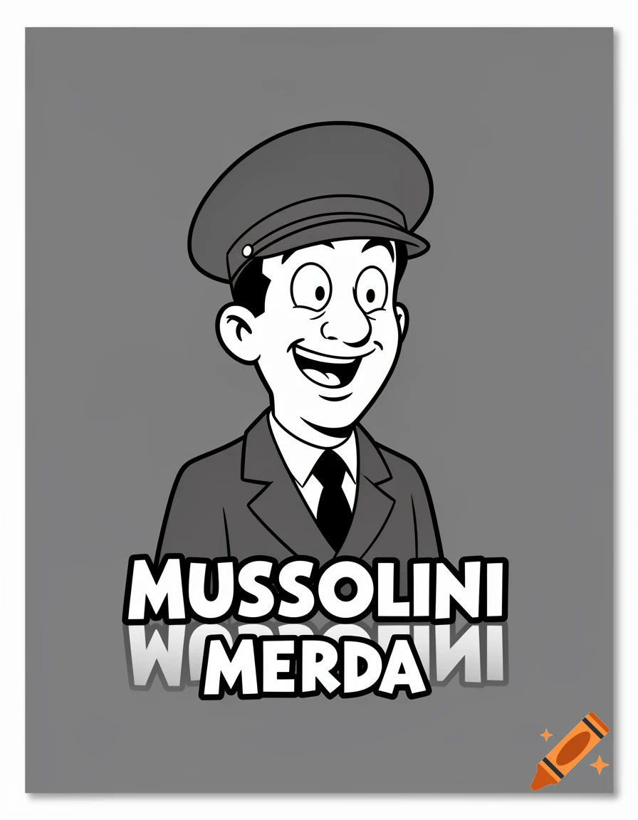 A cartoon man in a uniform cap and suit smiles, with text below reading "MUSSOLINI" and a mirrored reflection "W MERDAI" on a grey background.