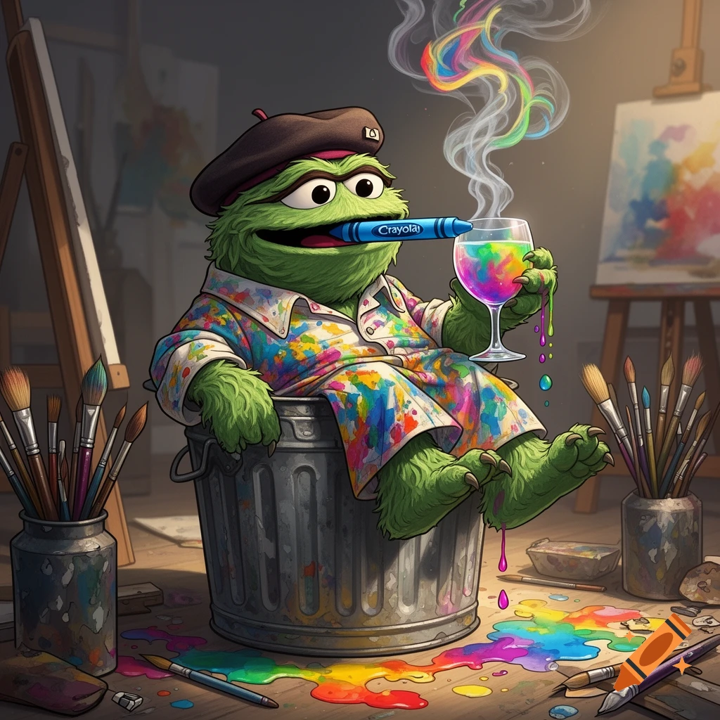 Oscar the Grouch, in a beret and paint-splattered clothes, sits in a trash can, holding a crayon with rainbow smoke and a glass of paint.