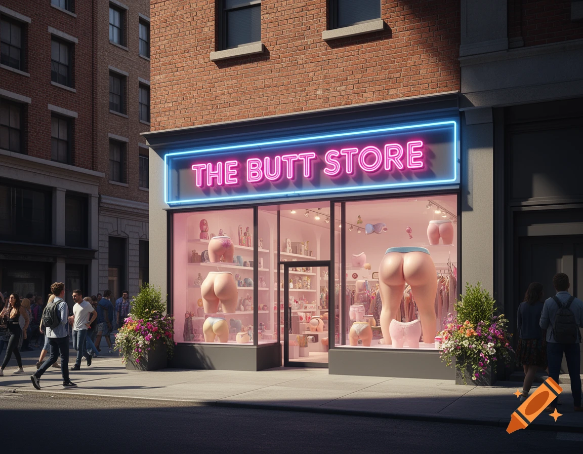 A vibrant neon sign on a brick building reads 'THE BUTT STORE', showcasing buttock mannequins in underwear within its window display. People walk by on a sunny street.