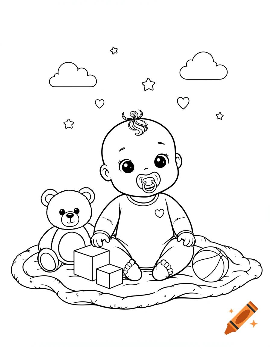 Black and white line art coloring page of a baby with a pacifier, teddy bear, blocks, and ball, with stars and clouds.