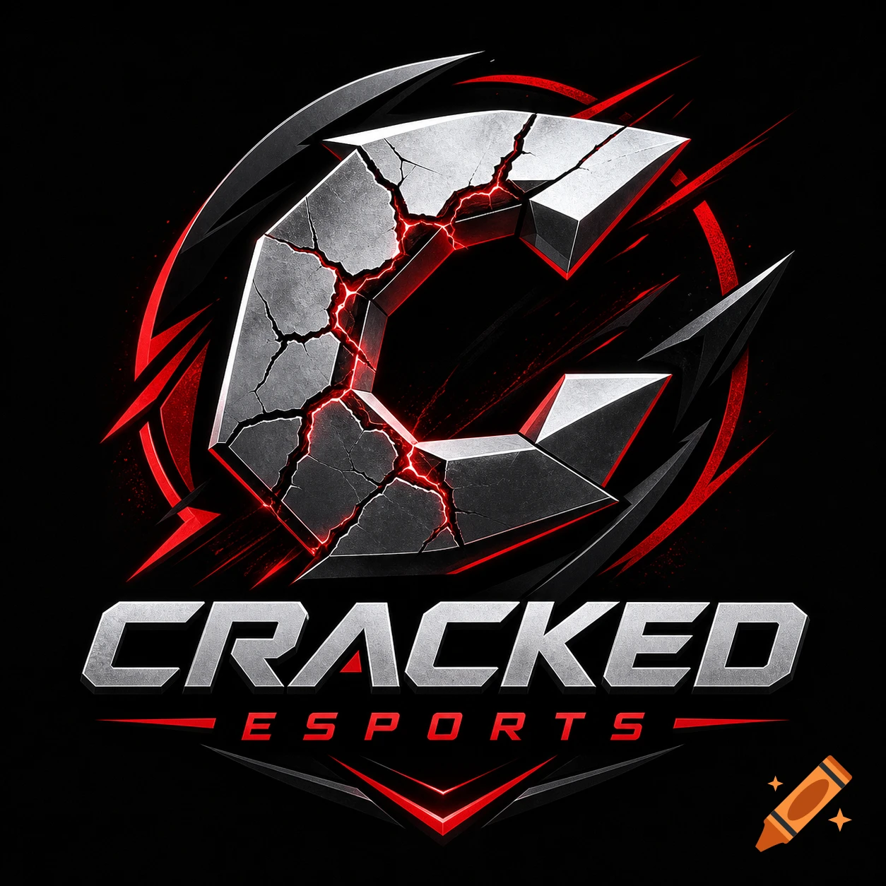 Cracked Esports logo features a stylized, cracked metallic 'C' glowing red, with the text 'CRACKED ESPORTS' below on a black background.