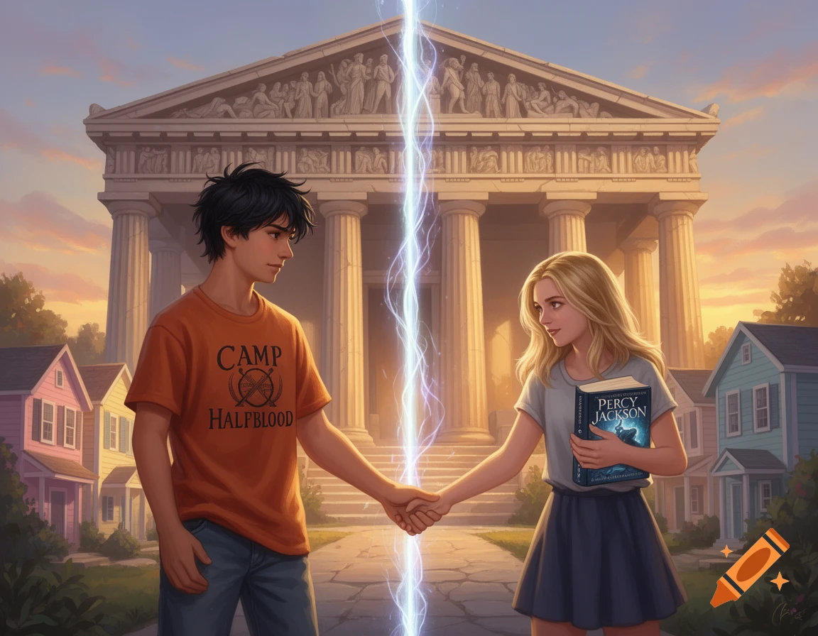 An illustration of a boy in a Camp Halfblood shirt and a girl holding a Percy Jackson book, holding hands with a lightning bolt between them, in front of a Greek temple.