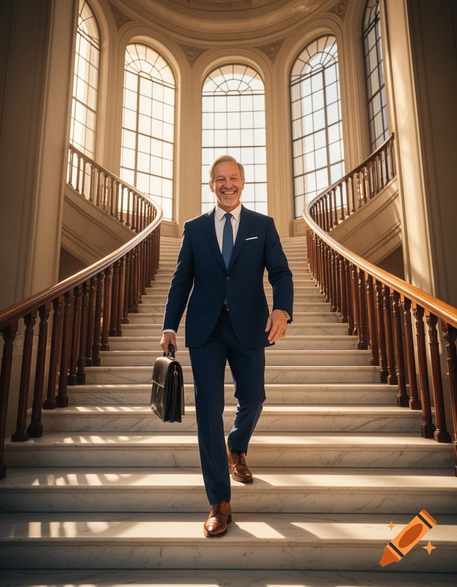 A happy businessman in a blue suit walks down a grand marble staircase, holding a briefcase.