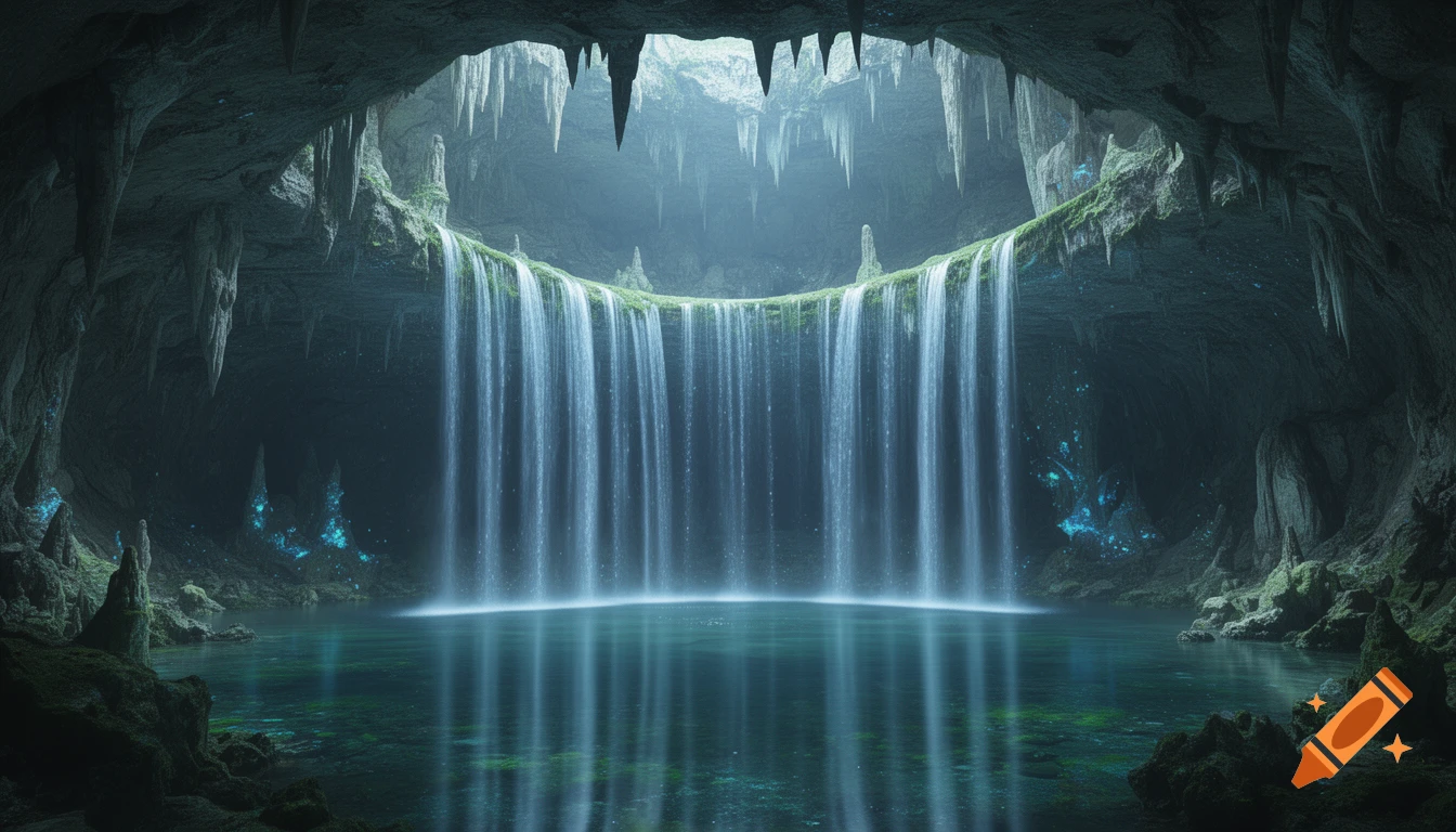 A beautiful, mystical cave with a wide waterfall falling into a glowing lake. Icicles hang from the ceiling.