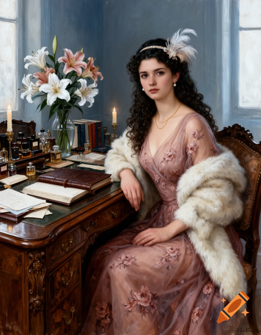A young woman in a pink floral gown and fur stole sits at a vintage desk with flowers and candles, looking forward in a painterly style.