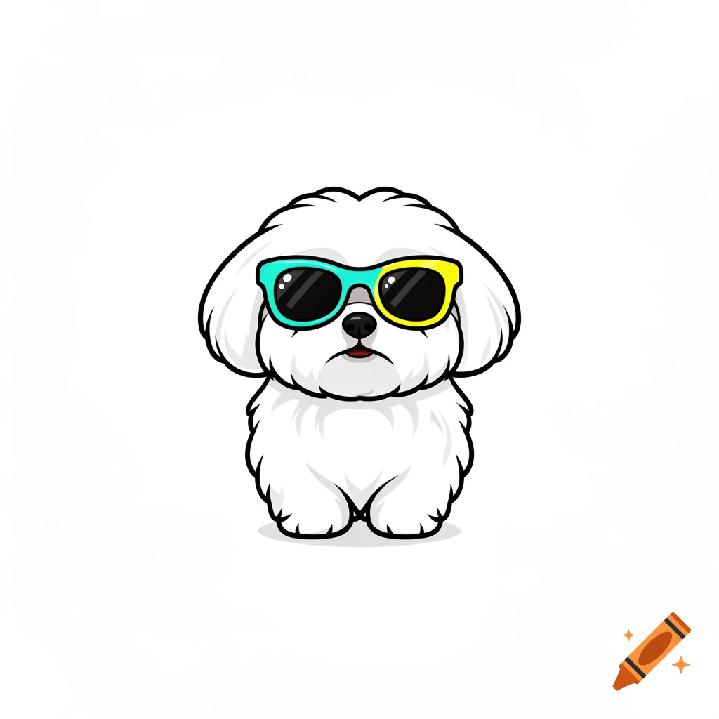 A cartoon Maltese dog with white fur and black outlines, wearing teal and yellow sunglasses, on a white background.