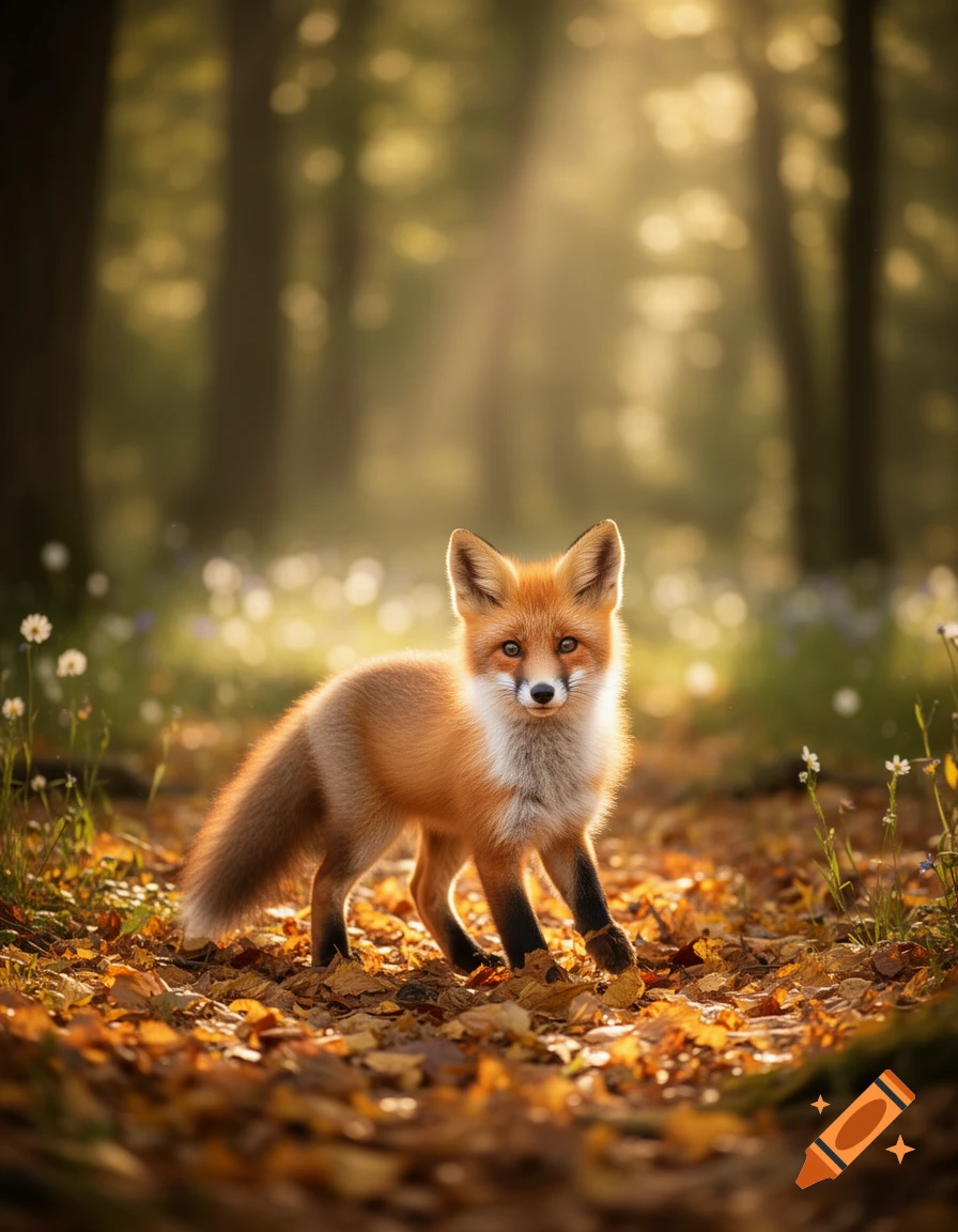 A red fox stands on autumn leaves in a sunlit forest, looking forward.