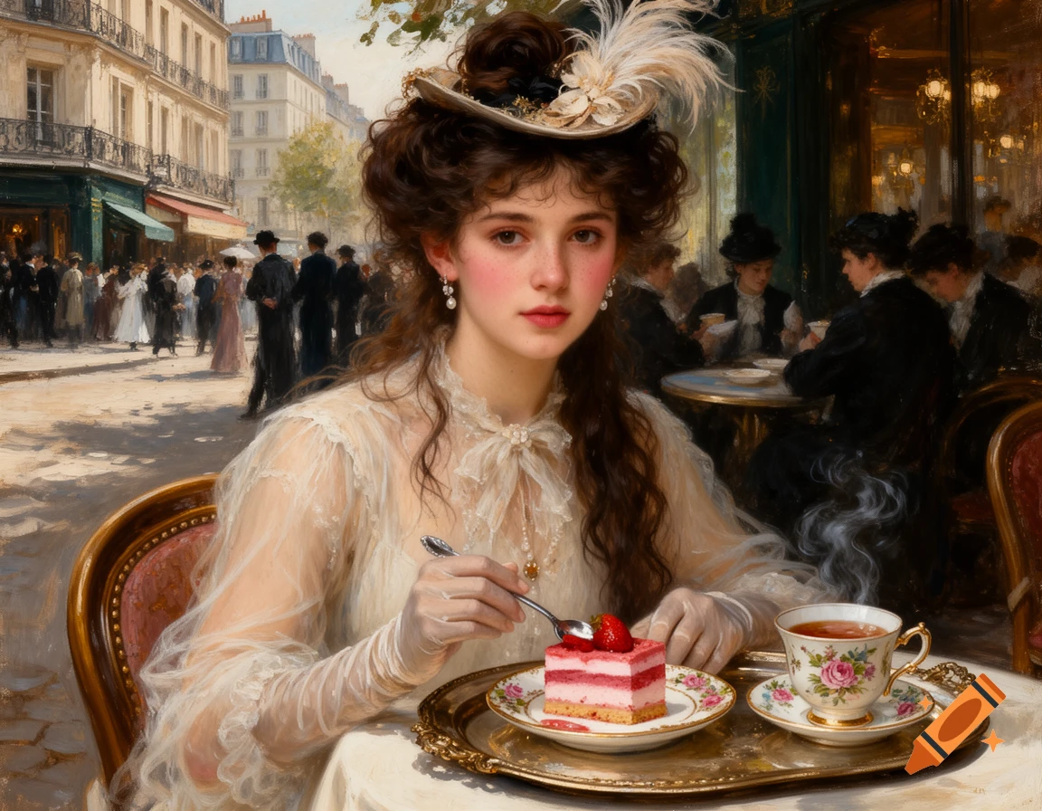 Oil painting of a young woman in 1890s attire, wearing a feathered hat and sheer blouse, eating strawberry cake at a Parisian cafe.